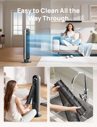 DREO Tower Fan for Bedroom, 2026 Upgraded DC Motor, 28ft/s High Velocity, 20dB Ultra Quiet Standing Fan, 8 Speeds 4 Modes, 90° Oscillating Bladeless Fan for Indoors, Floor Fans with Remote, Black