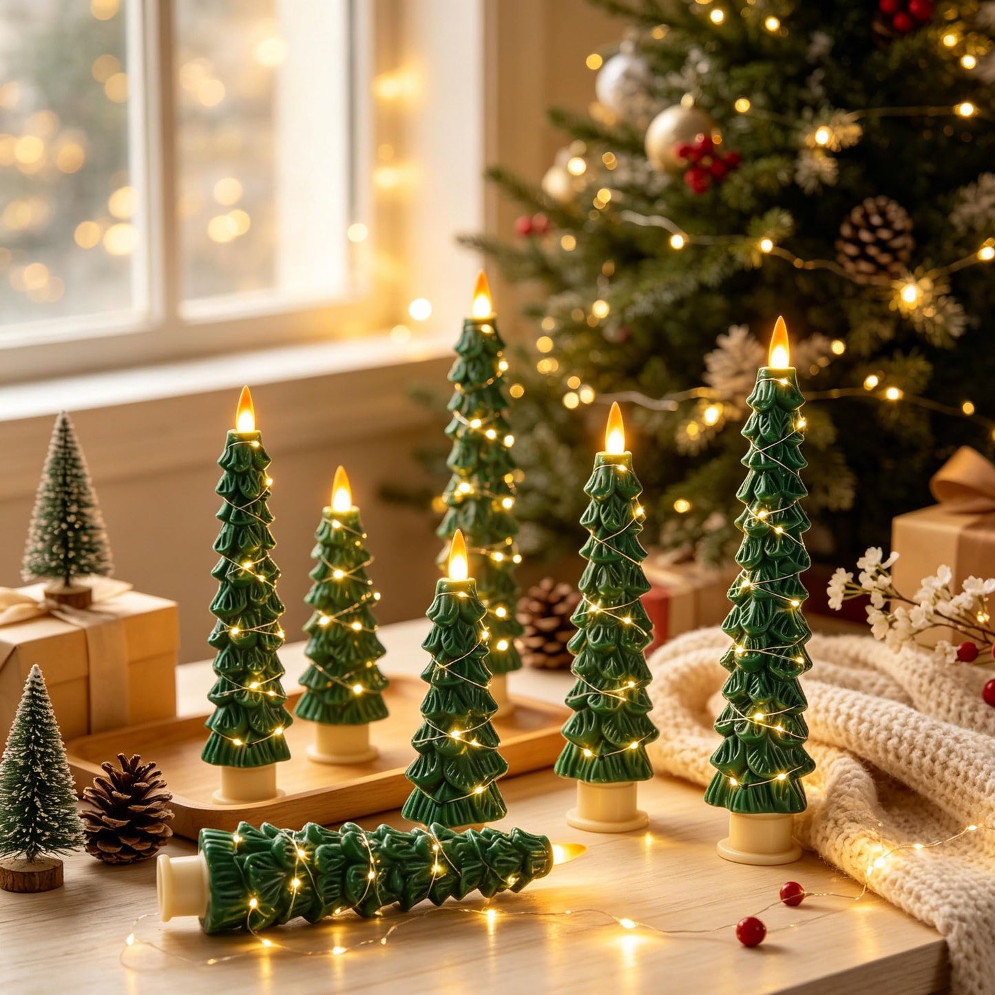 2 Pack White Christmas Tree LED Taper Candles, Flameless Flickering Candles with Copper String Lights, Upgraded Realistic Flame Effect, Battery Operated with Remote for Christmas Home Decoration