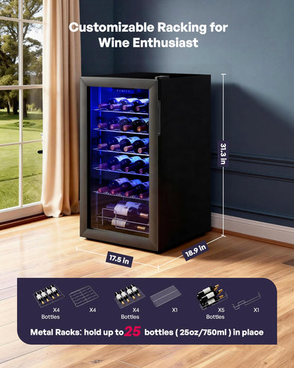 Icyglee 25 Bottle Compressor Wine Cooler Refrigerator, Freestanding Wine Cellar with 41-64°F Adjust Temp & Double-layer Glass Door for Red and White, Wine Cooler for Home Bar, Black