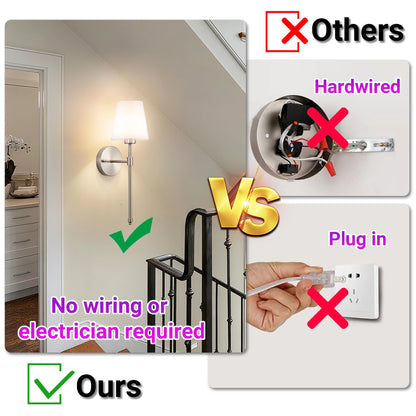 YHCDLAMP Battery Operated Wall Sconce Light with Remote Control, Dimmable Wall Sconce Set of 2 with White Fabric Shade, Wireless Battery Operated Wall Lamp for Bedroom Living Room, Bulb Included