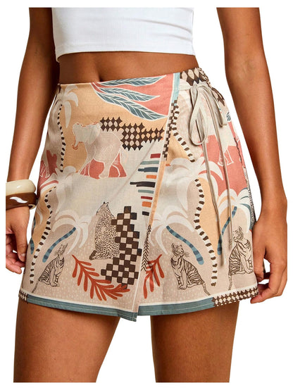Sweatyrocks Women's Boho Mini Skirts Floral Shorts Tie Side Wrap Elastic Waist Summer Skorts Beach Vacation Outfits