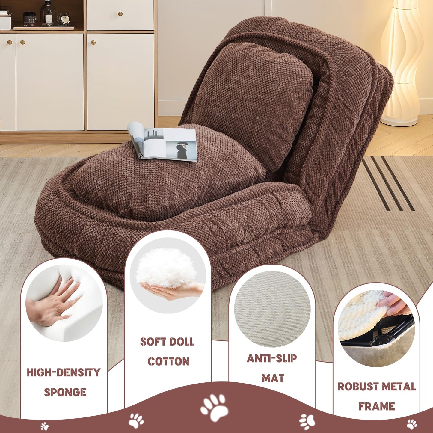 Upholstered Convertible Lounge Chair with 2 Soft Pillows