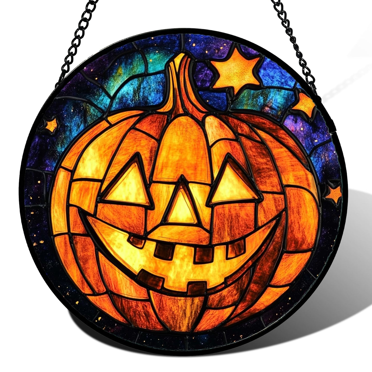 Stained Glass Window Hanging, Halloween Decorations Evil Pumpkin Suncatcher for Doors Garden Indoor Spooky Funny Orange Sun Catchers Gothic Decor Horror Gifts for Women Men Friend 15 in