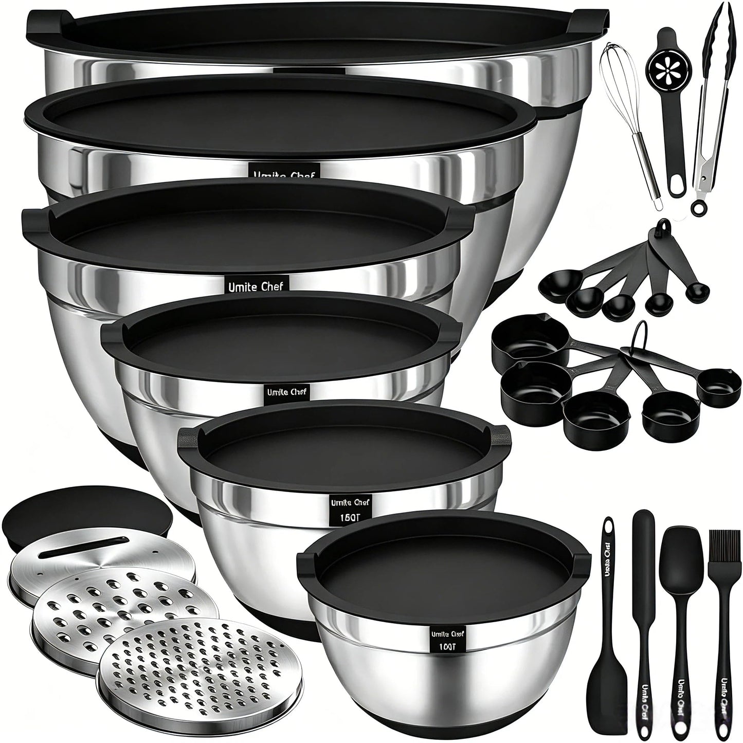 Mixing Bowls with Airtight Lids Set, 26PCS Stainless Steel Khaki Bowls with Grater Attachments, Non-Slip Bottoms & Kitchen Gadgets Set, Size 7, 4, 2.5, 2.0,1.5, 1QT, Great for Mixing & Serving