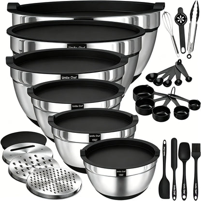 Mixing Bowls with Airtight Lids Set, 26PCS Stainless Steel Khaki Bowls with Grater Attachments, Non-Slip Bottoms & Kitchen Gadgets Set, Size 7, 4, 2.5, 2.0,1.5, 1QT, Great for Mixing & Serving