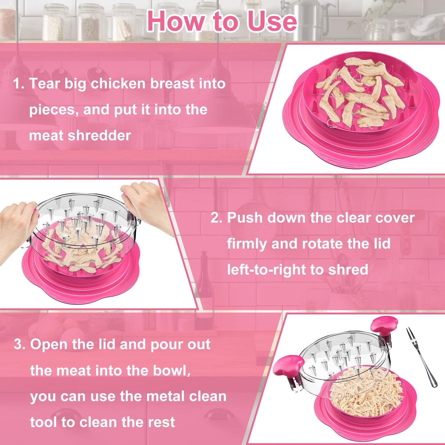 SURETIVIAN Chicken Shredder Tool Twist Large Chicken Breast Shredder with Brush&Fork, Visible Meat Shredder Machine, Anti-Slip Strip, Ergonomic Handle, BPA Free, Pork Beef Chicken(Hot Pink)