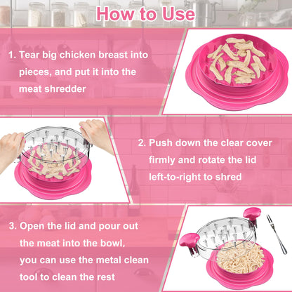 SURETIVIAN Chicken Shredder Tool Twist Large Chicken Breast Shredder with Brush&Fork, Visible Meat Shredder Machine, Anti-Slip Strip, Ergonomic Handle, BPA Free, Pork Beef Chicken(Hot Pink)