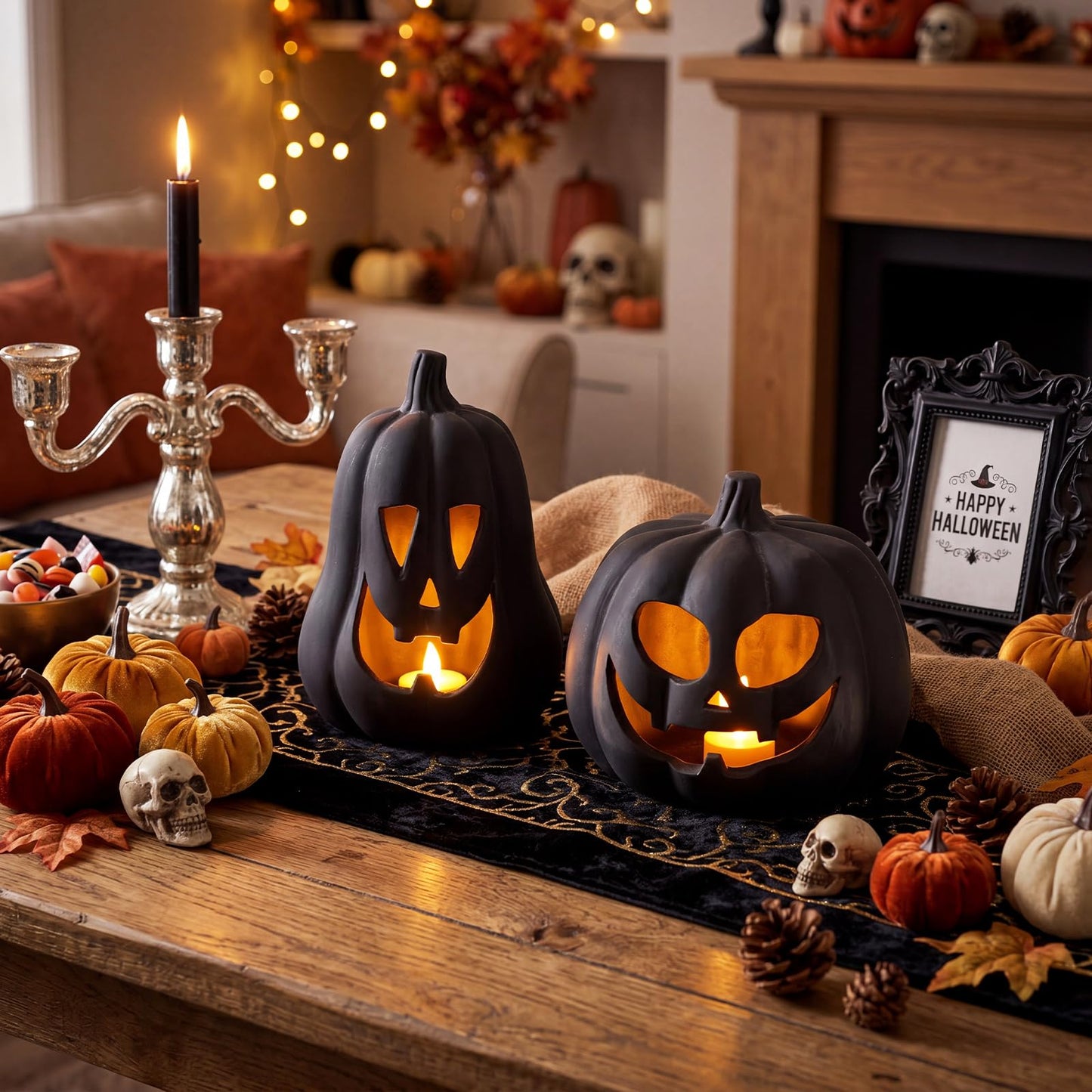 Tioncy 2 Pack Fall Decor Halloween Decorations Terracotta Pumpkin Decoration Handmade Clay Pumpkin Jack-o-Lantern Halloween Tealight Holder Rustic Farmhouse Fall Home Decor for Table(Orange)