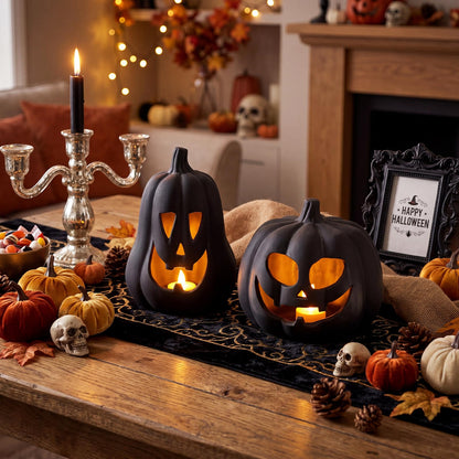 Tioncy 2 Pack Fall Decor Halloween Decorations Terracotta Pumpkin Decoration Handmade Clay Pumpkin Jack-o-Lantern Halloween Tealight Holder Rustic Farmhouse Fall Home Decor for Table(Orange)
