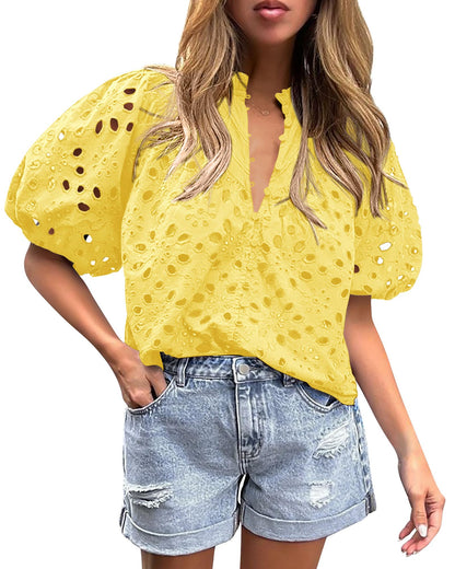 PRETTYGARDEN Womens Tops Boho Eyelet Puff Sleeve Blouse