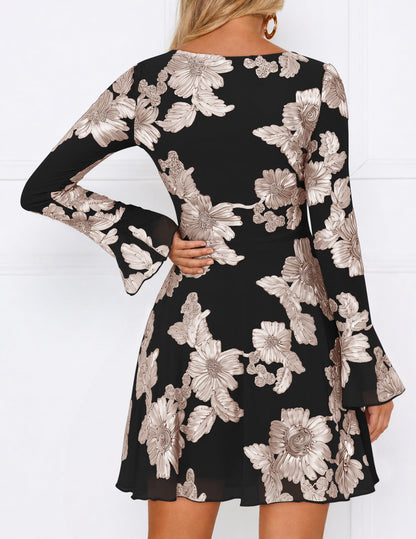 ZESICA Women's 2026 Fall Floral Wedding Guest Cocktail Mini Dress