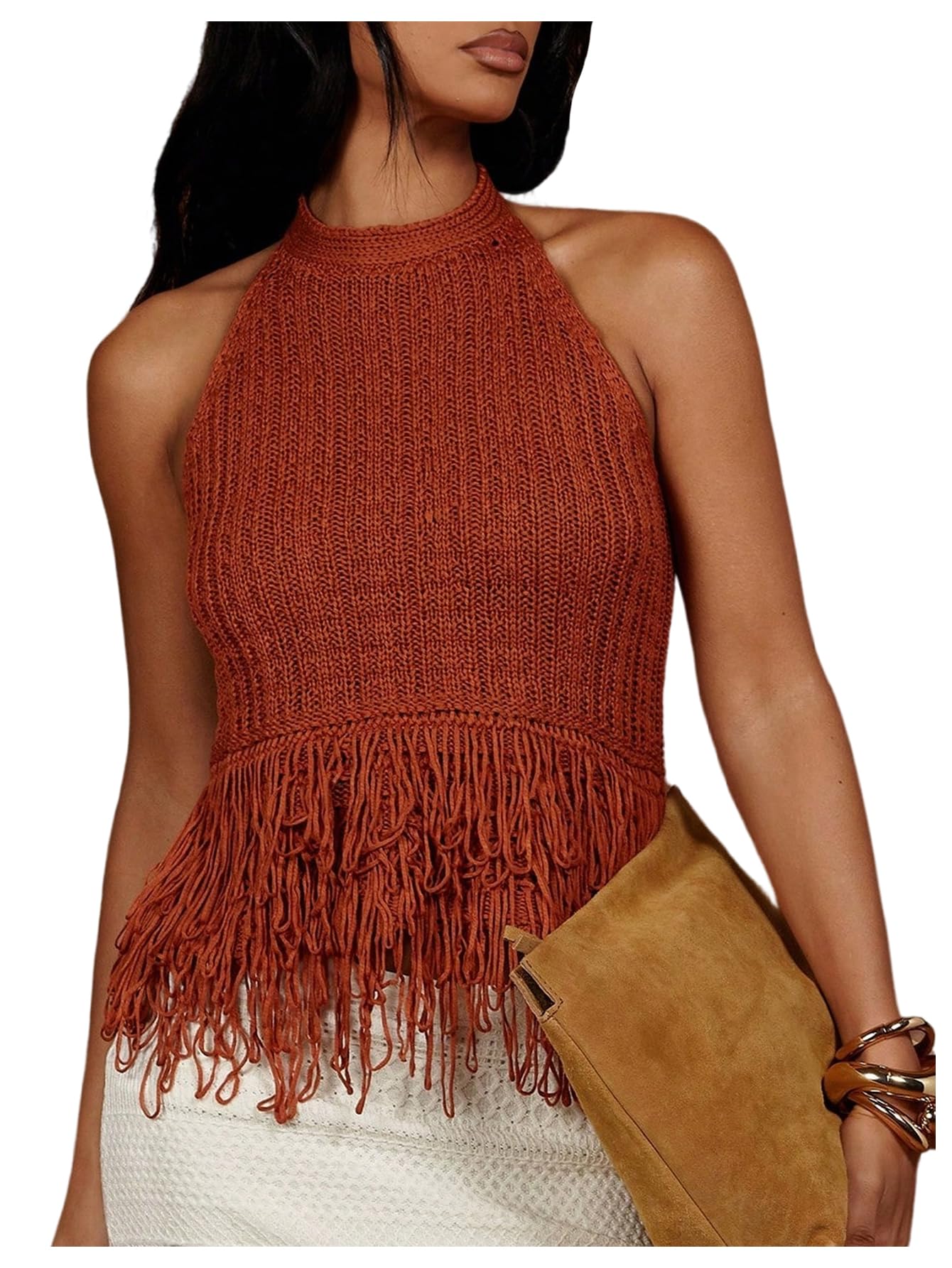 SweatyRocks Women's Boho Fringe Halter Tops Sleeveless Open Back Summer Knit Crochet Tank Top