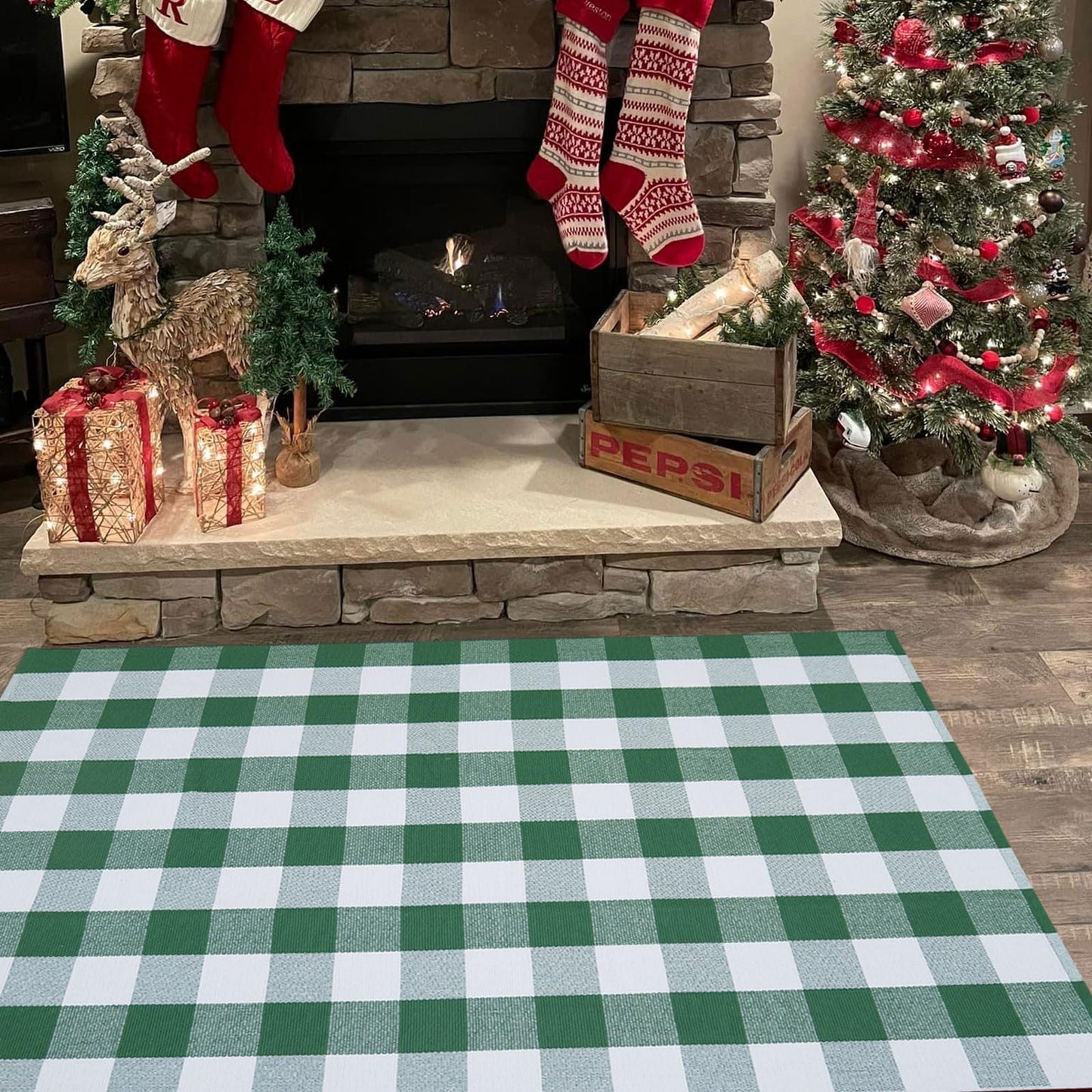 Christmas Door Mat Outdoor 35.4''x59'' Buffalo Plaid Christmas Decor Rug Cotton Hand-Woven Layered Door Mats Washable Carpet for Front Porch, Kitchen, Farmhouse, Entryway