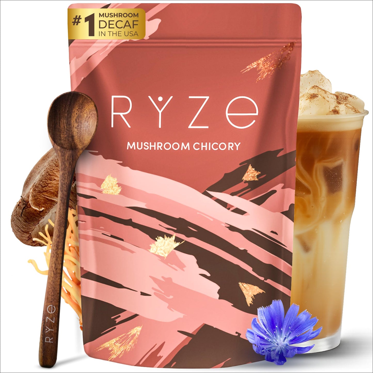 RYZE SUPERFOODS Mushroom Medium Roast Coffee USDA Organic with 6 Adaptogenic Mushrooms, USA Grown Instant Coffee for Better Energy, Focus Digestion Immunity with Lions Mane & Turkey Tail 30. Pack of 1