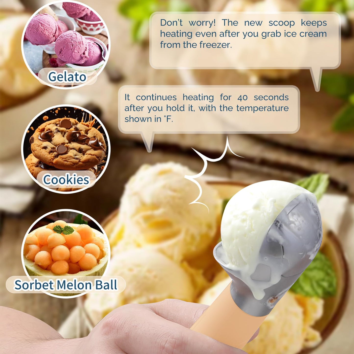 Heated Ice Cream Scoop Rechargeable, Electric Warming Ice Cream Scooper with LED Display, Heats to 158°F for Hard Ice Cream, Easy for Seniors & Kids, IP67 Waterproof (White, 2 oz)