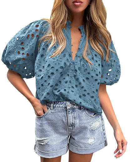 PRETTYGARDEN Womens Tops Boho Eyelet Puff Sleeve Blouse