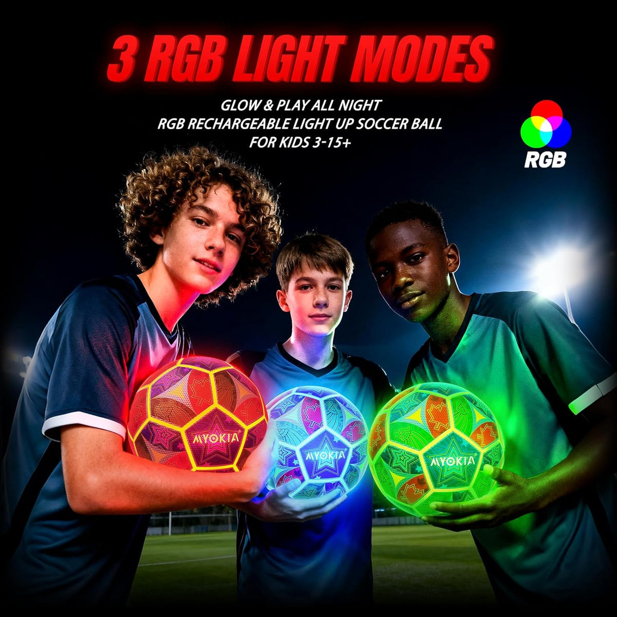 Rechargeable Light Up Soccer Ball Size 5 Tri-Color Glow in Dark
