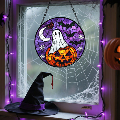 Stained Glass Window Hanging, Halloween Decorations Evil Pumpkin Suncatcher for Doors Garden Indoor Spooky Funny Orange Sun Catchers Gothic Decor Horror Gifts for Women Men Friend 15 in