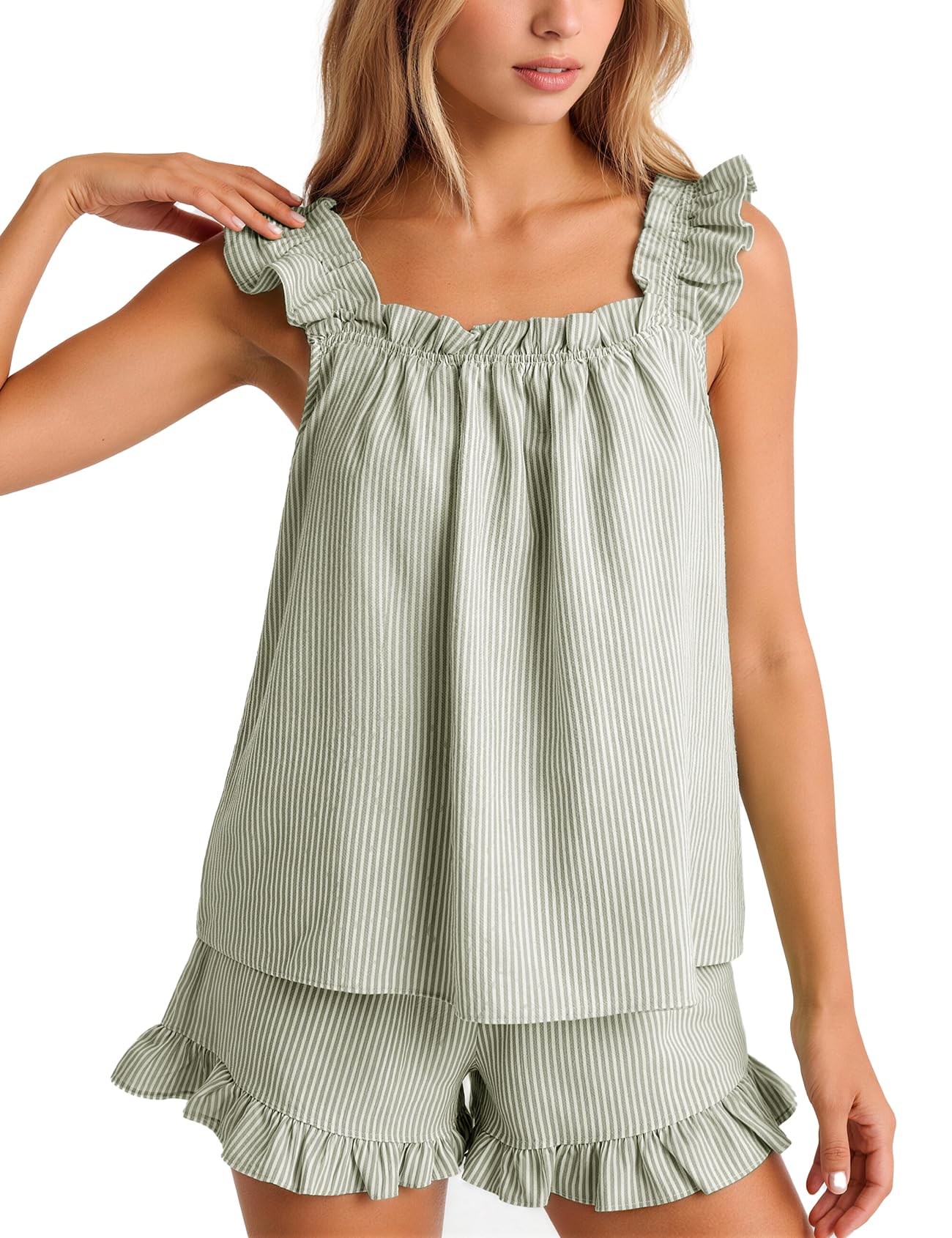 Flygo Striped Pajamas Set for Women Cotton 2 Piece Lounge Sets Ruffle Cami Top and Shorts Cute Summer Pj Sleepwear
