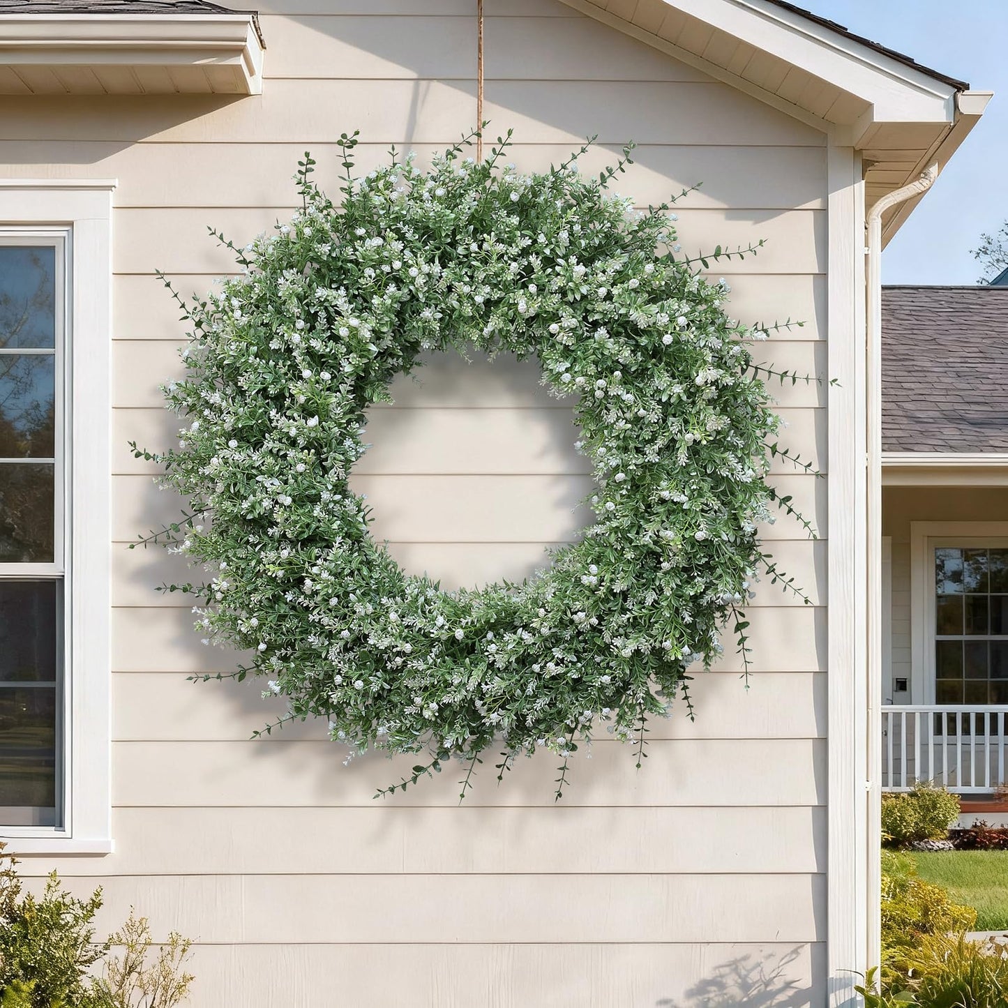 32" Large Artificial Eucalyptus Wreath for Front Door(White-Green) | Weather Resistant,Lifelike Eucalyptus Lavender with Babys Breath Flowers Wreath,for Home Farmhouse Wall Year-Round Use Decor