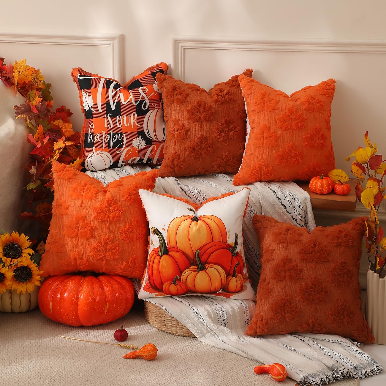 TOYPOPOR Halloween Decorations, 2 Packs Double Sided Ghost Pillow Covers, Soft Fur Throw Pillow Cases Indoor outdoor Pumpkin Couch Cushion Case for Fall Autumn Bedroom Living Room Home Decor 18''x18''
