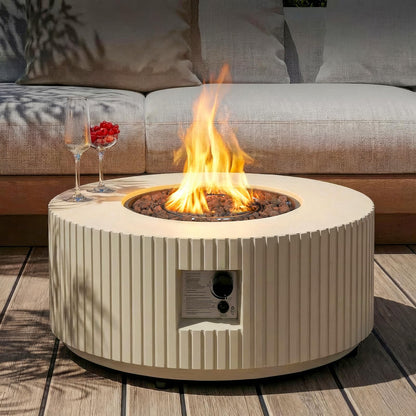 31.5 Inch Round Propane Fire Pit Table - Concrete Round Fire Bowl 50,000 BTU Natural Gas Firepit Burner with Steel Lid, Lava Rocks, Waterproof Cover for Outside Patio, Backyard, Party