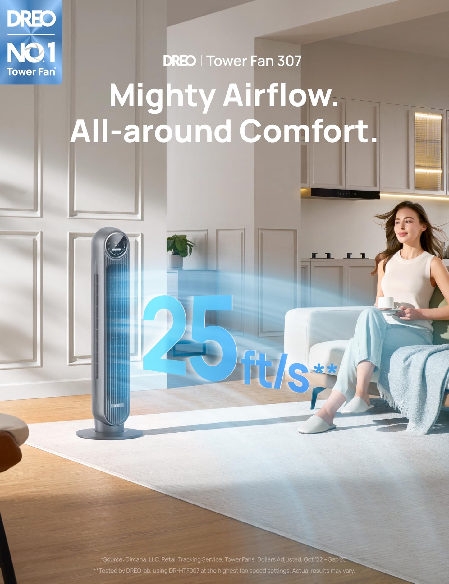 DREO Tower Fan for Bedroom, 2026 Upgraded DC Motor, 28ft/s High Velocity, 20dB Ultra Quiet Standing Fan, 8 Speeds 4 Modes, 90° Oscillating Bladeless Fan for Indoors, Floor Fans with Remote, Black