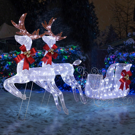 Christmas Decorations: Lighted Reindeer & Sleigh Outdoor Display, Multicolor, 270 LED Lights, Weatherproof, Easy Assembly