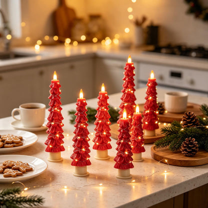 2 Pack White Christmas Tree LED Taper Candles, Flameless Flickering Candles with Copper String Lights, Upgraded Realistic Flame Effect, Battery Operated with Remote for Christmas Home Decoration