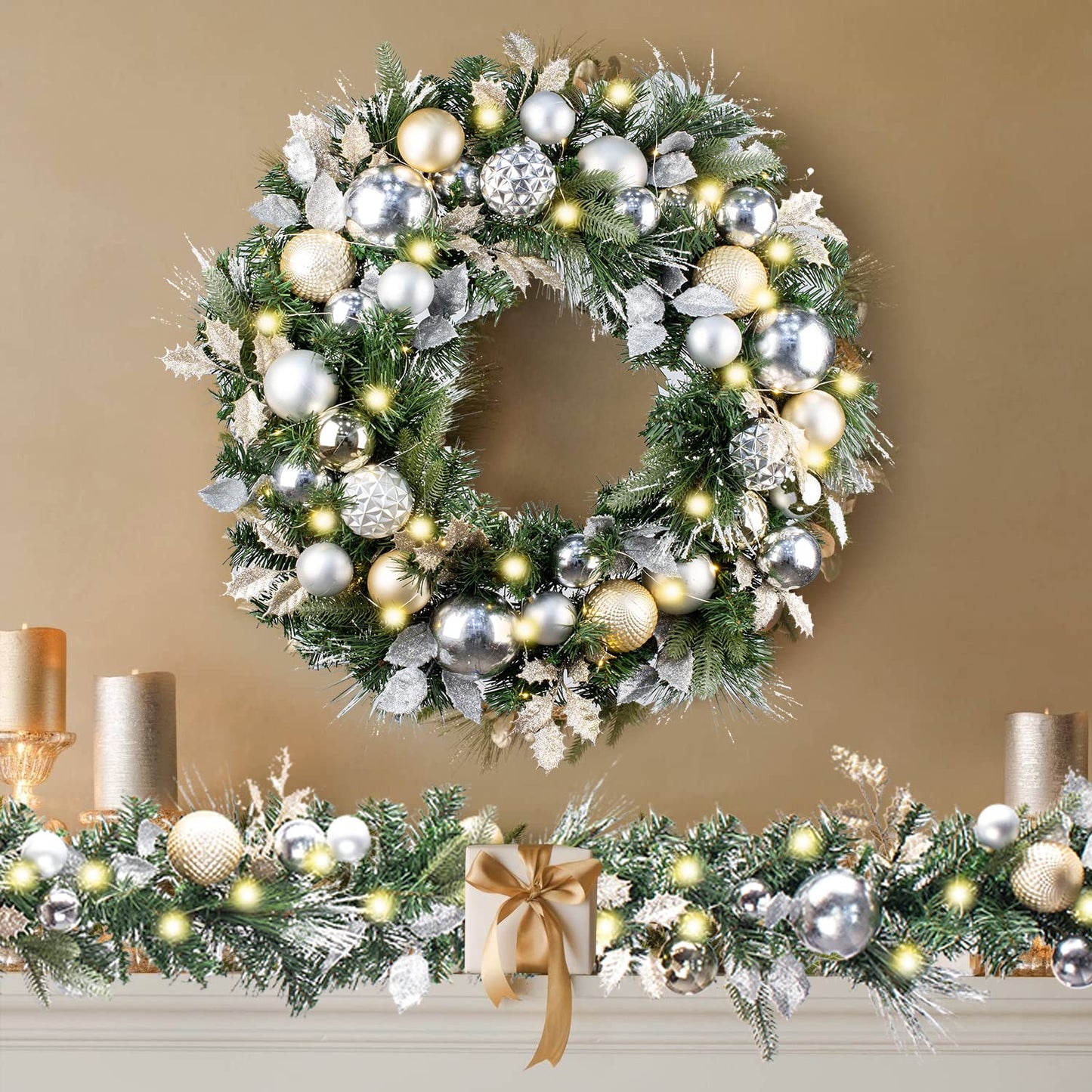 WANNA-CUL Pre-lit 9Feet /108 Inch Christmas Garland with Lights for Front Door, Red Gold Ligthed Christmas Mantel Garland Decoration with Ball Ornaments, Battery Operated 50 LED