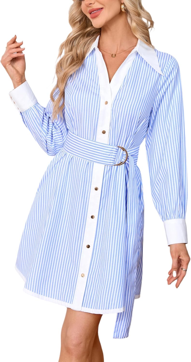 Womens Striped Long Sleeve Button Down Mini Shirt Dress V Neck Belted Dress