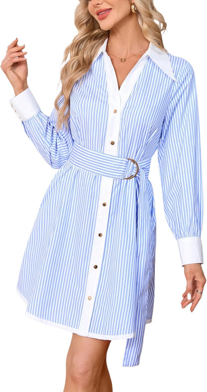 Womens Striped Long Sleeve Button Down Mini Shirt Dress V Neck Belted Dress