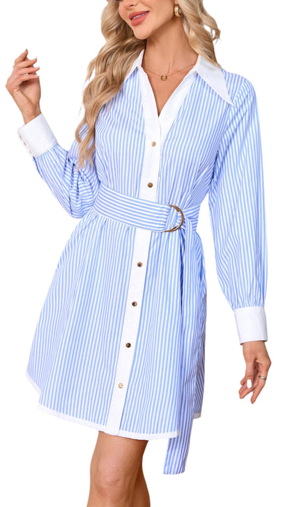 Womens Striped Long Sleeve Button Down Mini Shirt Dress V Neck Belted Dress