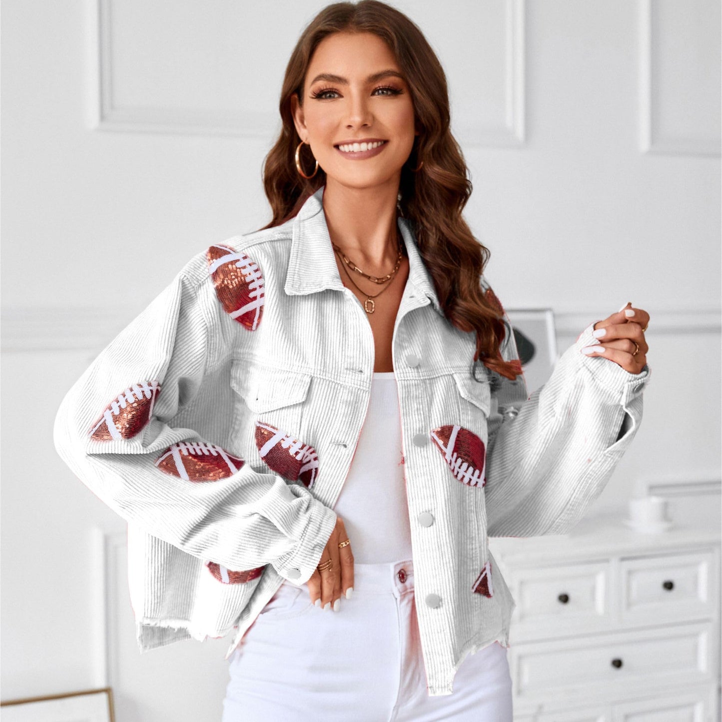 Xunger Women’s Football Corduroy Sequin Jacket