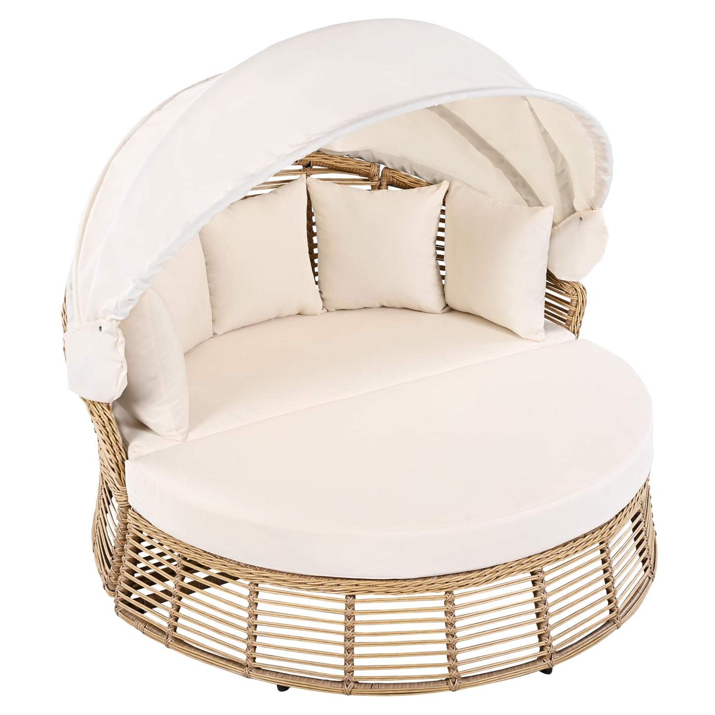 LUMISOL Outdoor Sunbed with Retractable Canopy, Outdoor PE Wicker Round Sectional Sofa with Separated Cushion Seats, Pillows and Removable Cushions for Patio, Backyard, Beige
