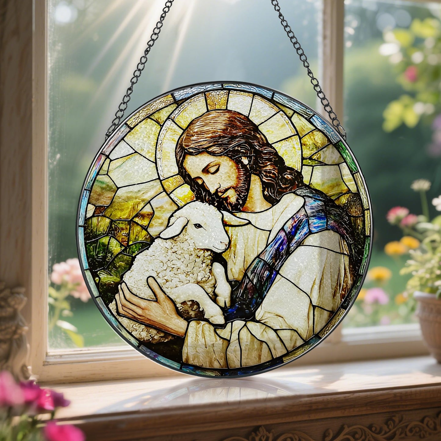 8-Inch Jesus with Cardinals Suncatcher Ornament, Stained Glass Window Hanging & Religious Christmas Ornament, Christian Window Decor — Memorial Gift, Christian Gifts for Her, Religious Gifts