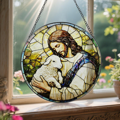 8-Inch Jesus with Cardinals Suncatcher Ornament, Stained Glass Window Hanging & Religious Christmas Ornament, Christian Window Decor — Memorial Gift, Christian Gifts for Her, Religious Gifts