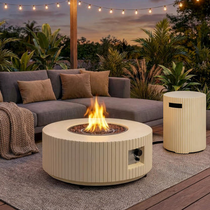 31.5 Inch Round Propane Fire Pit Table - Concrete Round Fire Bowl 50,000 BTU Natural Gas Firepit Burner with Steel Lid, Lava Rocks, Waterproof Cover for Outside Patio, Backyard, Party
