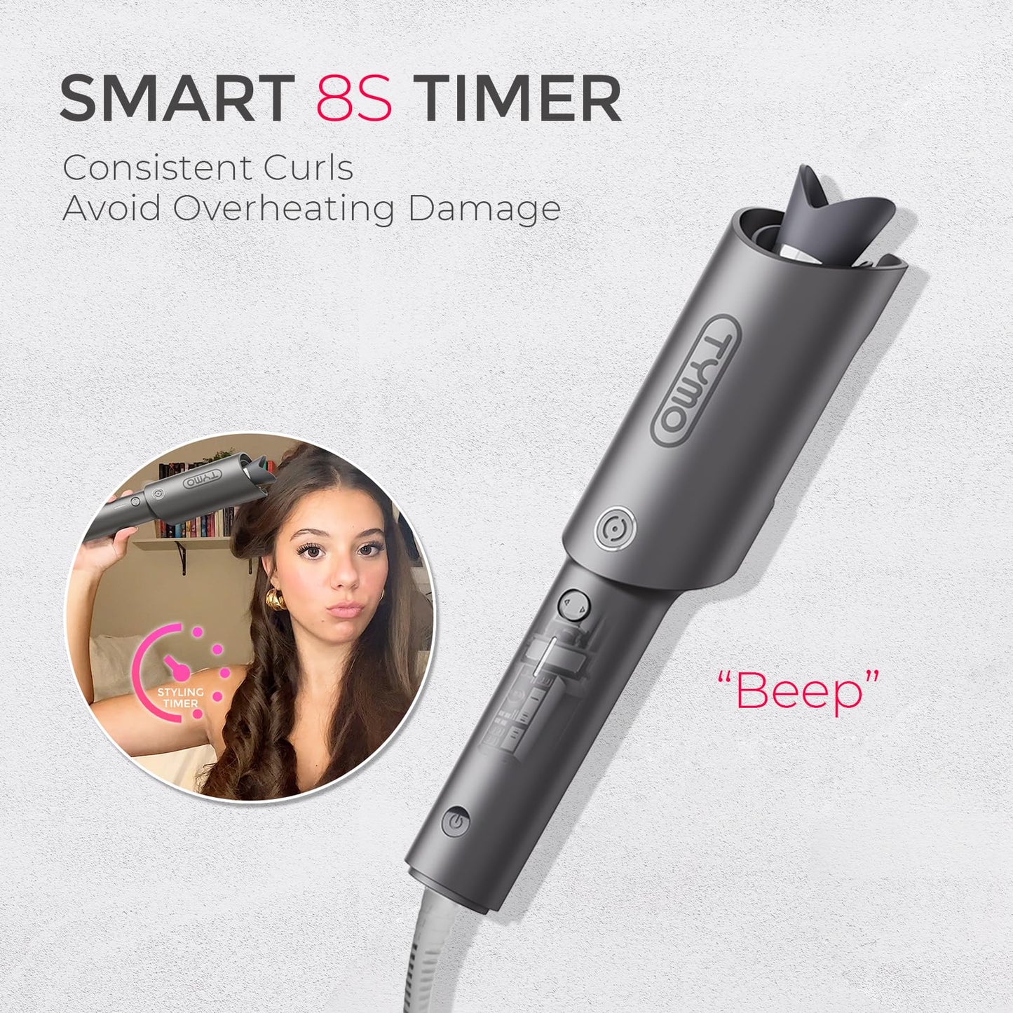 TYMO Automatic Rotating Curling Iron - TYMO CURLPRO Beach Waves Curling Wand, Portable Hair Curler, 500 Million Ionic, Dual Voltage & Lightweight for Travel, Ceramic Coating, 1 Inch, Pink