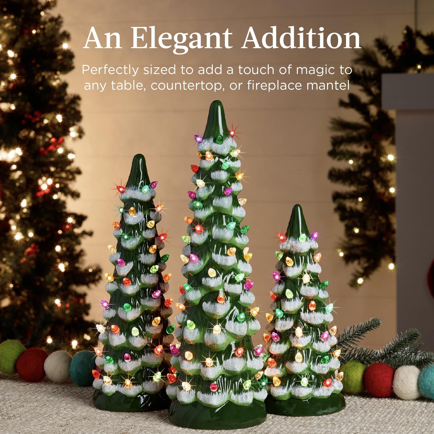 Best Choice Products Set of 3 Ceramic Christmas Trees, Pre-Lit Hand-Painted Tabletop Holiday Decoration w/Multicolor Bulbs, LED Lights – Green