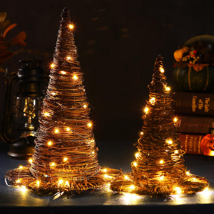 Leinuosen 2 Pcs Halloween Rattan Witch Hat Decor with String Lights Wicker Wizard Hats Woven Witch Hat for Indoor Outdoor Halloween Party Supplies Home Bedroom Garden Patio Backyard Decoration