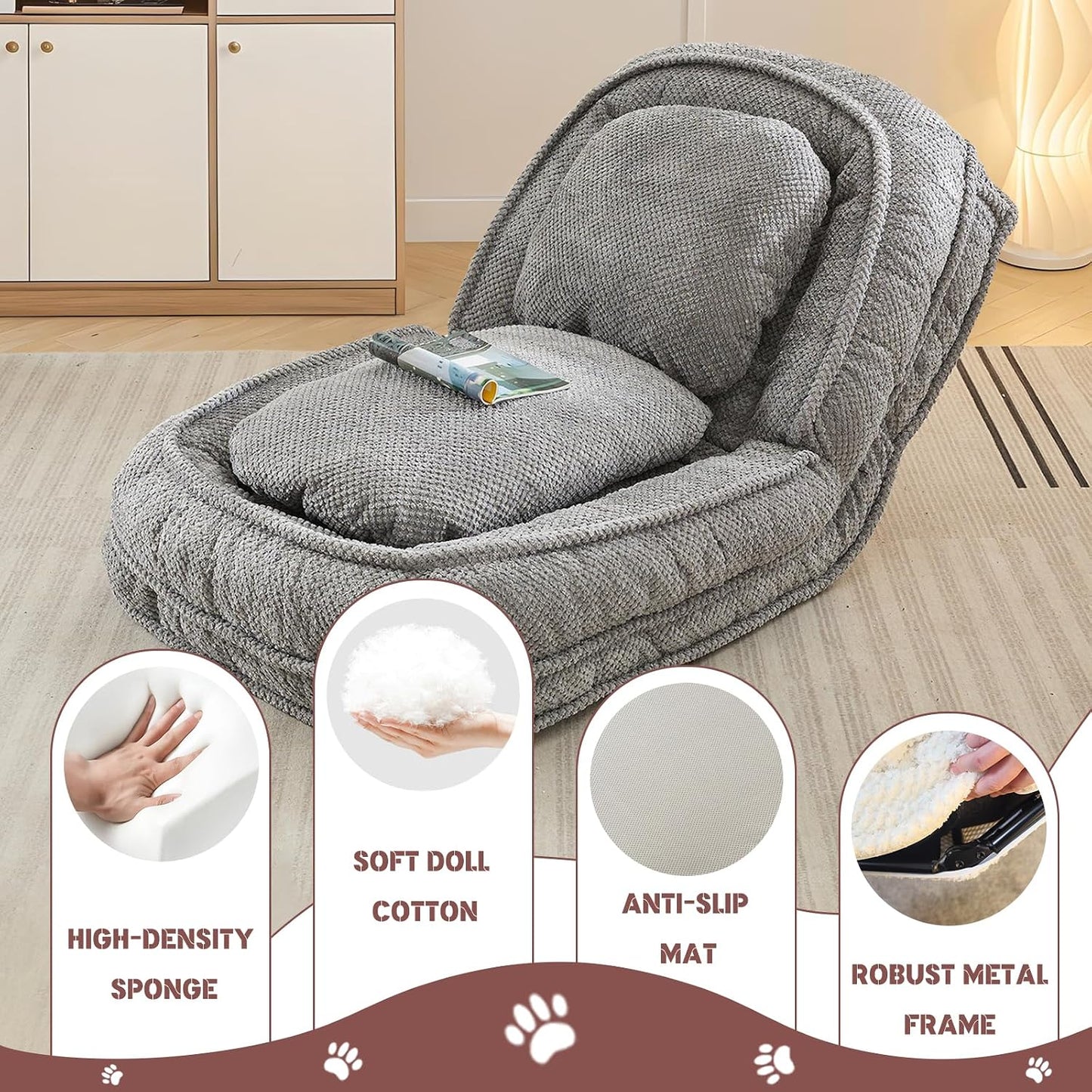 Upholstered Convertible Lounge Chair with 2 Soft Pillows