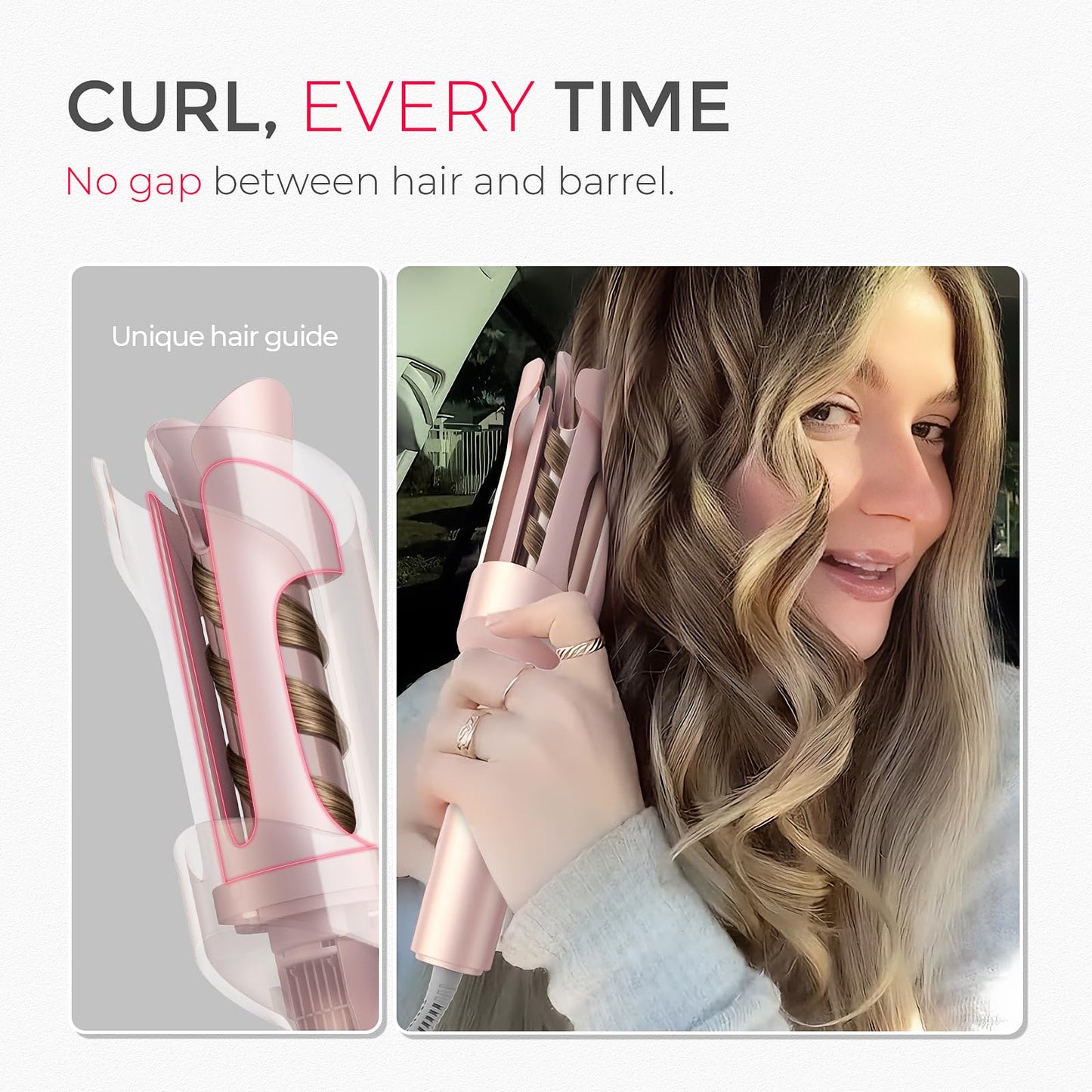 TYMO Automatic Rotating Curling Iron - TYMO CURLPRO Beach Waves Curling Wand, Portable Hair Curler, 500 Million Ionic, Dual Voltage & Lightweight for Travel, Ceramic Coating, 1 Inch, Pink