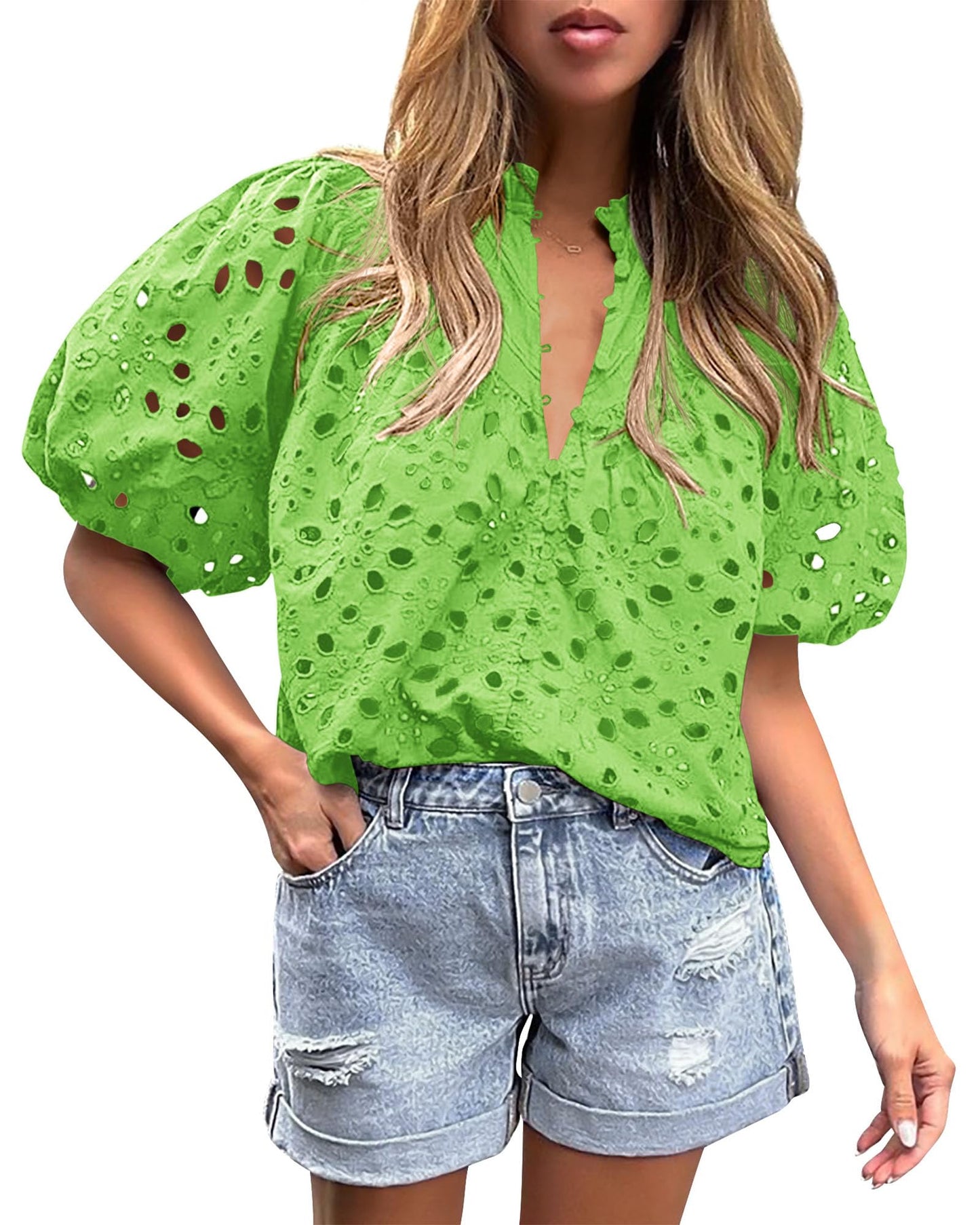 PRETTYGARDEN Womens Tops Boho Eyelet Puff Sleeve Blouse