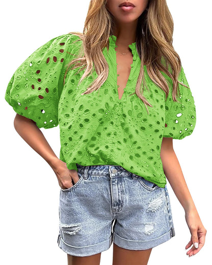 PRETTYGARDEN Womens Tops Boho Eyelet Puff Sleeve Blouse