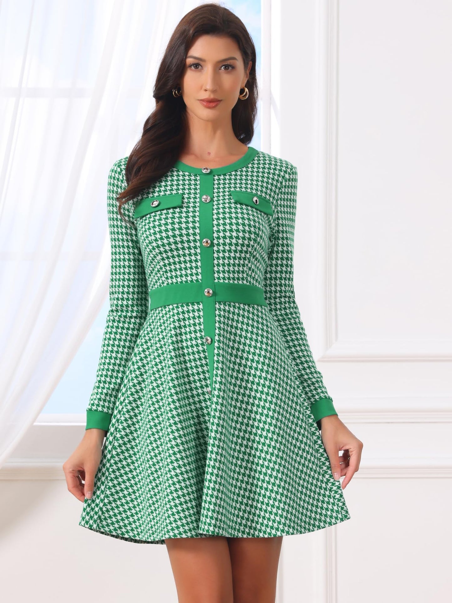 Allegra K Women's Houndstooth Plaid A-Line Elegant Business Work Dress