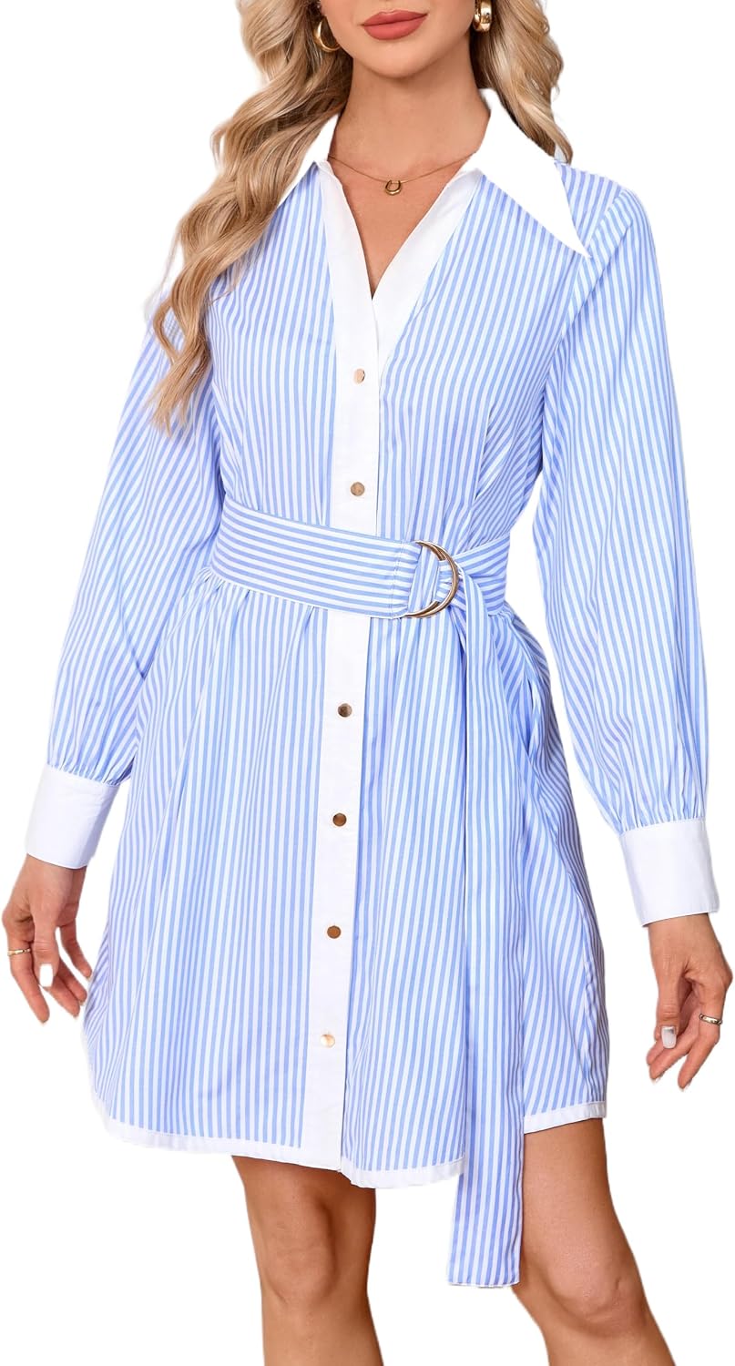 Womens Striped Long Sleeve Button Down Mini Shirt Dress V Neck Belted Dress