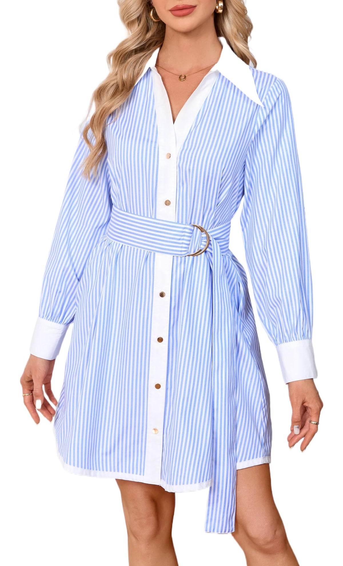Womens Striped Long Sleeve Button Down Mini Shirt Dress V Neck Belted Dress