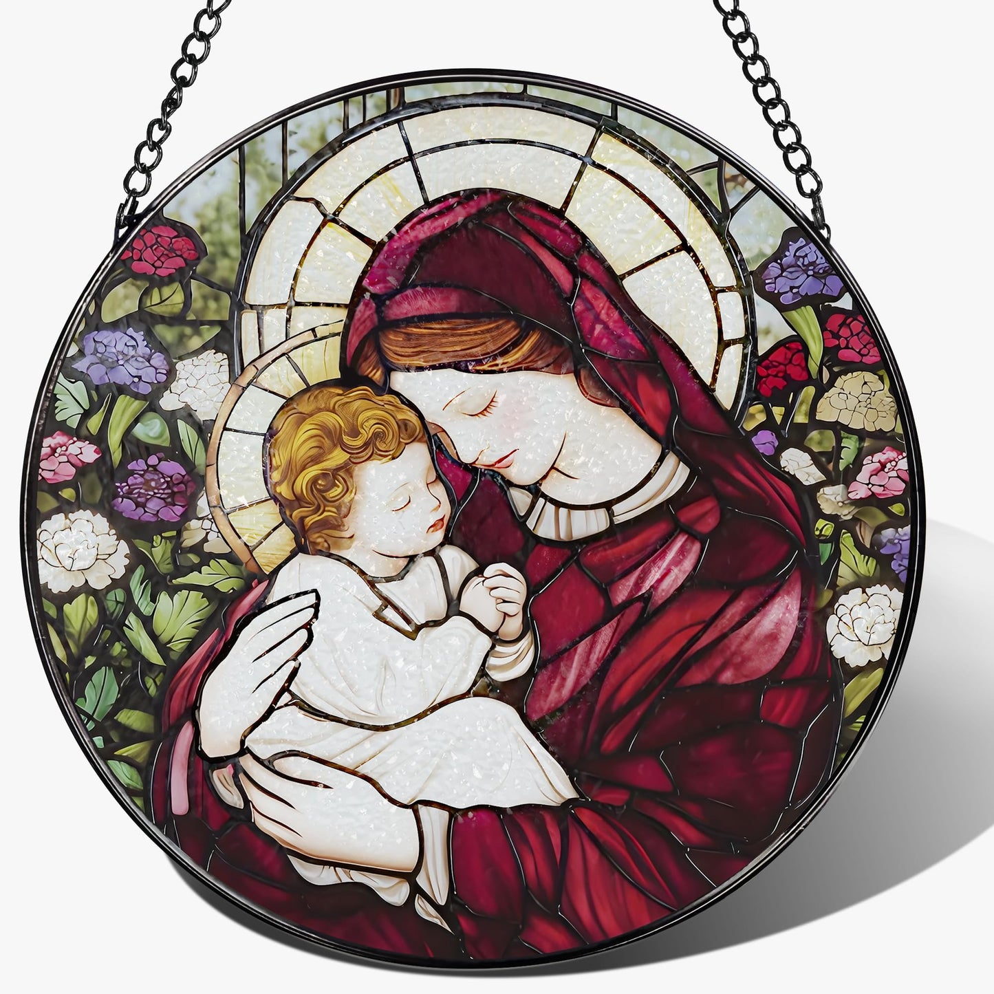 8-Inch Jesus with Cardinals Suncatcher Ornament, Stained Glass Window Hanging & Religious Christmas Ornament, Christian Window Decor — Memorial Gift, Christian Gifts for Her, Religious Gifts