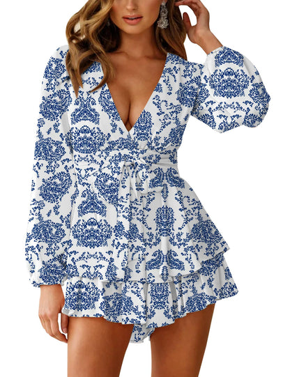 AIMCOO Women's Floral Print Deep V-Neck Romper Double Layer Ruffle Hem Jumpsuits Long Baggy Sleeves Waist Tie Short Rompers